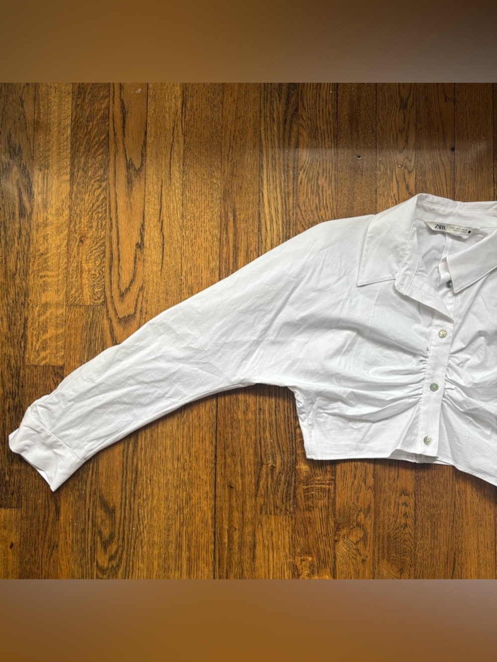 Zara White Cropped Button-Down Shirt w Rouching - Picture 3 of 8